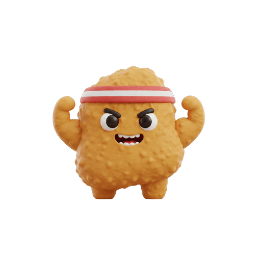 Nuggy, the sweatband-wearing chicken-nugget mascot, flexing